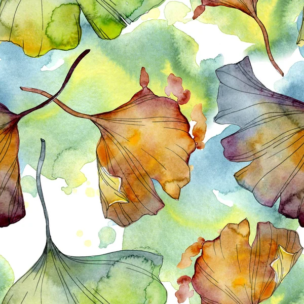 Ginkgo biloba planta de hojas jardín botánico follaje floral. Juego de ilustración en acuarela. Acuarela dibujo moda acuarela aislado. Patrón de fondo sin costuras. Textura de impresión de papel pintado de tela . — Stock Photo
