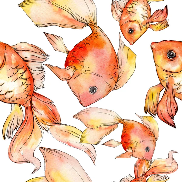 Aquarela aquática coloridos peixinhos dourados isolados em conjunto ilustração branca. Padrão de fundo sem costura. Tecido papel de parede impressão textura . — Fotografia de Stock