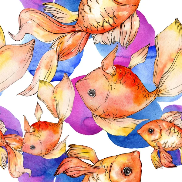 Aquarela aquática coloridos peixinhos dourados com ilustração abstrata colorido. Padrão de fundo sem costura. Tecido papel de parede impressão textura . — Fotografia de Stock