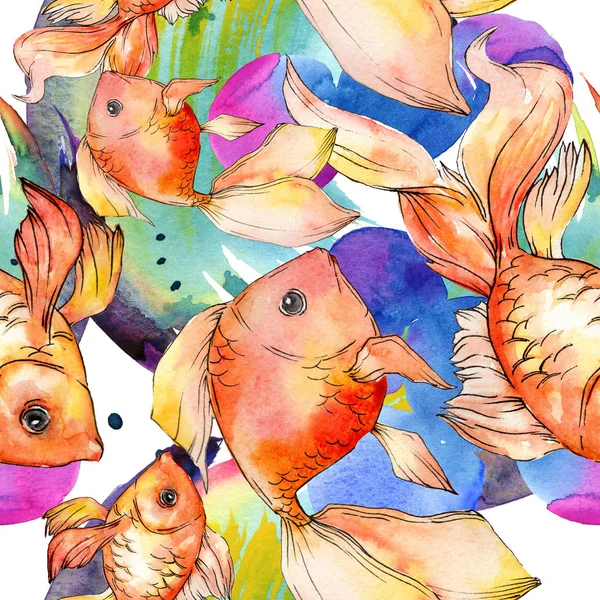 Aquarela aquática coloridos peixinhos dourados com ilustração abstrata colorido. Padrão de fundo sem costura. Tecido papel de parede impressão textura . — Fotografia de Stock
