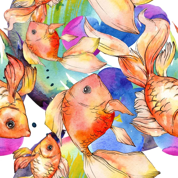 Watercolor aquatic colorful goldfishes with colorful abstract illustration. Seamless background pattern. Fabric wallpaper print texture. — Stock Photo