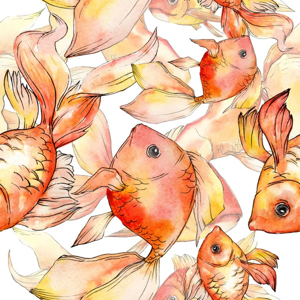 Акварельные красочные золотые рыбки, выделенные на белом наборе иллюстраций. Бесшовный рисунок фона. Текстура ткани для печати обоев . — стоковое фото