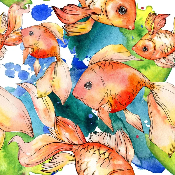 Watercolor aquatic colorful goldfishes with colorful abstract illustration. Seamless background pattern. Fabric wallpaper print texture. — Stock Photo