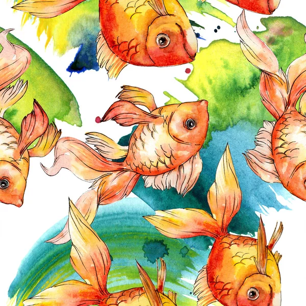 Aquarela aquática coloridos peixinhos dourados com ilustração abstrata colorido. Padrão de fundo sem costura. Tecido papel de parede impressão textura . — Fotografia de Stock