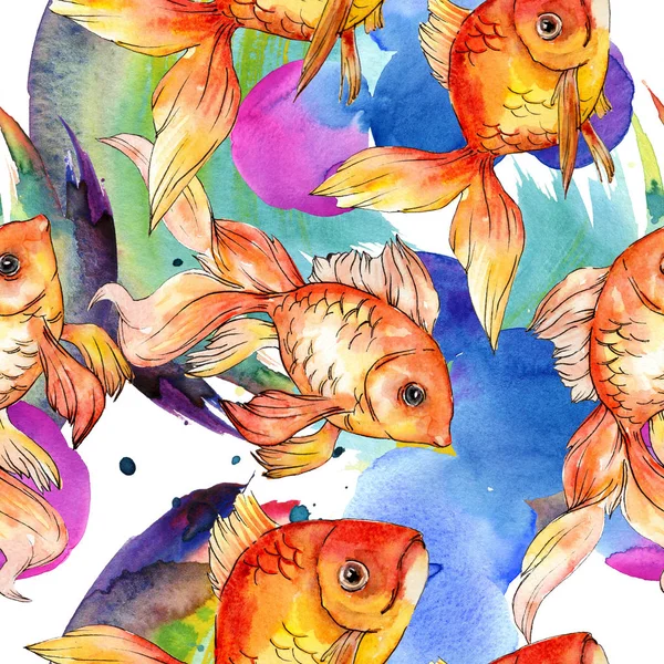 Watercolor aquatic colorful goldfishes with colorful abstract illustration. Seamless background pattern. Fabric wallpaper print texture. — Stock Photo