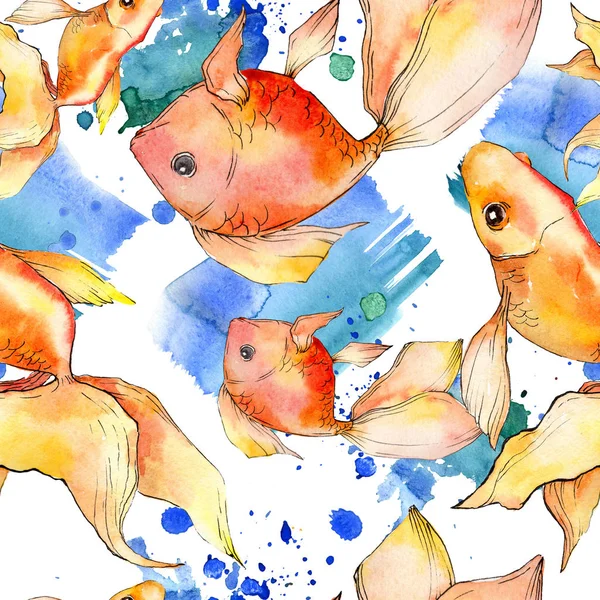 Watercolor aquatic colorful goldfishes with colorful abstract illustration. Seamless background pattern. Fabric wallpaper print texture. — Stock Photo