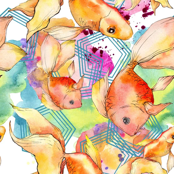 Watercolor aquatic colorful goldfishes with colorful abstract illustration. Seamless background pattern. Fabric wallpaper print texture. — Stock Photo