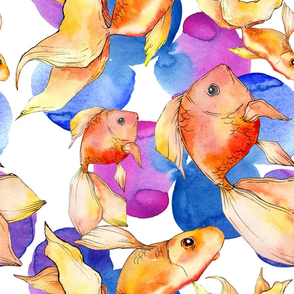 Watercolor aquatic colorful goldfishes with colorful abstract illustration. Seamless background pattern. Fabric wallpaper print texture. — Stock Photo