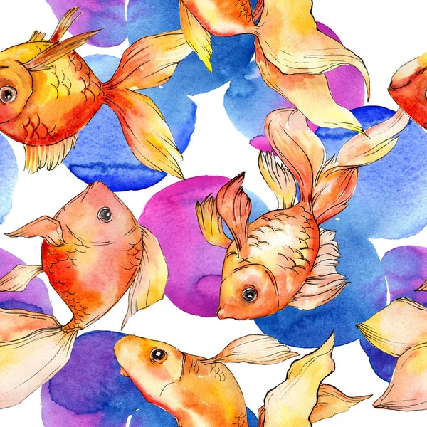 Watercolor aquatic colorful goldfishes with colorful abstract illustration. Seamless background pattern. Fabric wallpaper print texture. — Stock Photo