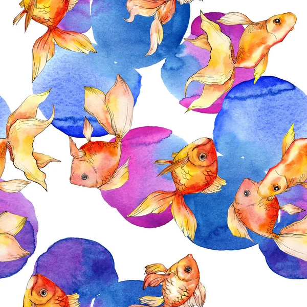 Acuarela acuática coloridos peces de colores con ilustración abstracta de colores. Patrón de fondo sin costuras. Textura de impresión de papel pintado de tela . - foto de stock