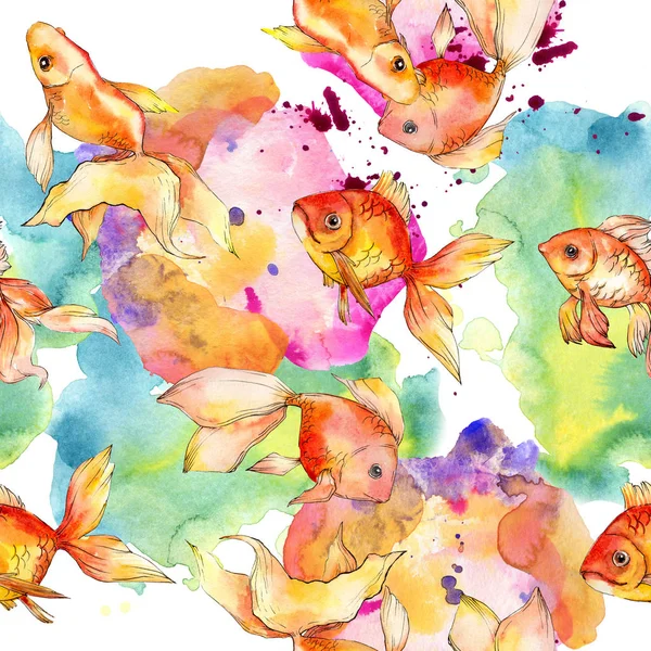 Watercolor aquatic colorful goldfishes with colorful abstract illustration. Seamless background pattern. Fabric wallpaper print texture. — Stock Photo