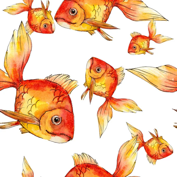 Акварельные красочные золотые рыбки, выделенные на белом наборе иллюстраций. Бесшовный рисунок фона. Текстура ткани для печати обоев . — стоковое фото