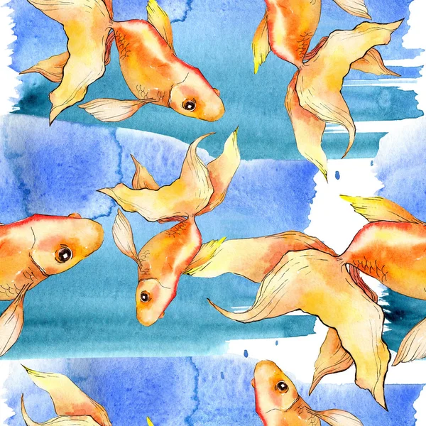 Watercolor aquatic colorful goldfishes with colorful abstract illustration. Seamless background pattern. Fabric wallpaper print texture. — Stock Photo