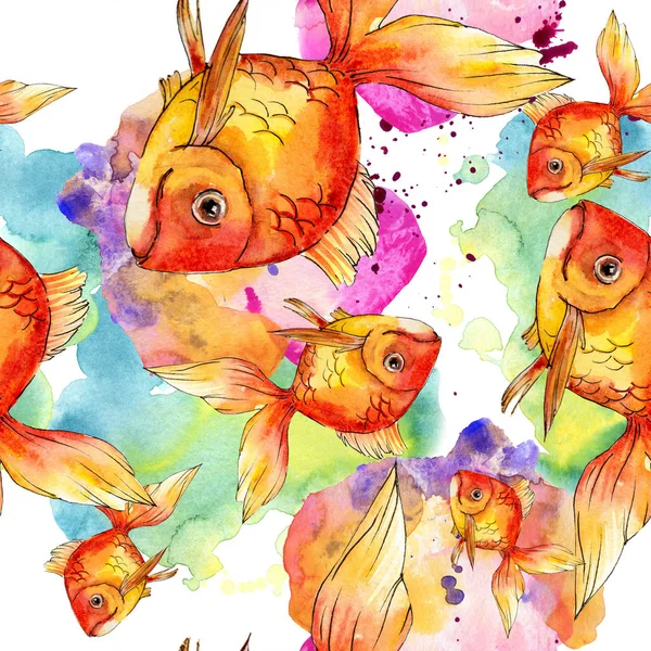 Watercolor aquatic colorful goldfishes with colorful abstract illustration. Seamless background pattern. Fabric wallpaper print texture. — Stock Photo