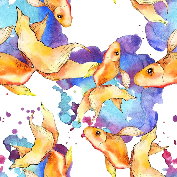 Watercolor aquatic colorful goldfishes with colorful abstract illustration. Seamless background pattern. Fabric wallpaper print texture. — Stock Photo