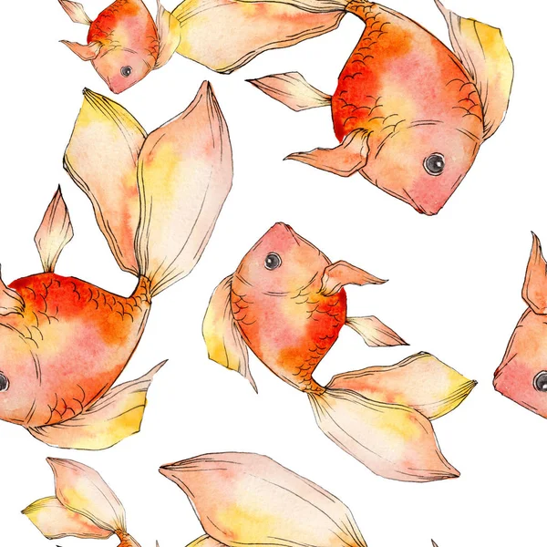 Aquarell aquatische bunte Goldfische isoliert auf weißem Illustrationsset. nahtlose Hintergrundmuster. Stoff Tapete drucken Textur. — Stockfoto