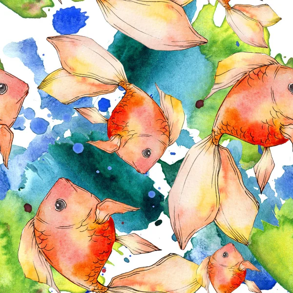 Watercolor aquatic colorful goldfishes with colorful abstract illustration. Seamless background pattern. Fabric wallpaper print texture. — Stock Photo