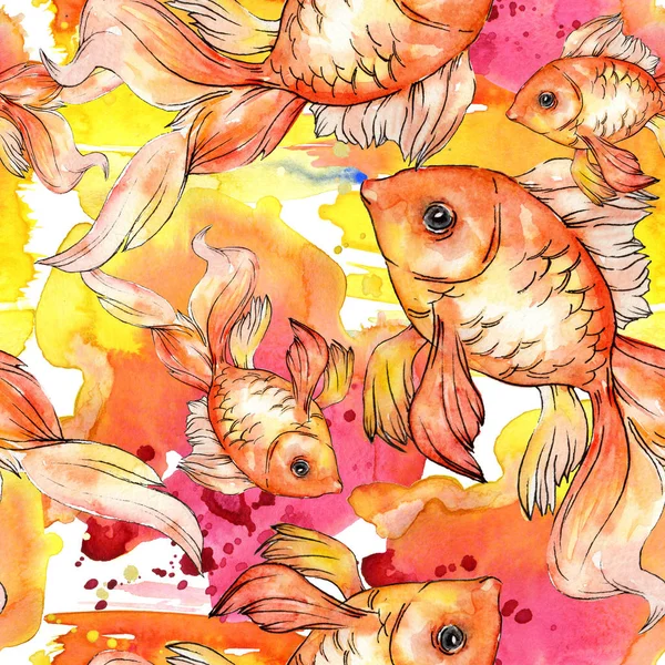 Watercolor aquatic colorful goldfishes with colorful abstract illustration. Seamless background pattern. Fabric wallpaper print texture. — Stock Photo