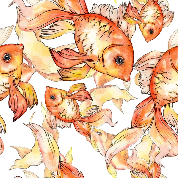 Watercolor aquatic colorful goldfishes isolated on white illustration set. Seamless background pattern. Fabric wallpaper print texture. — Stock Photo