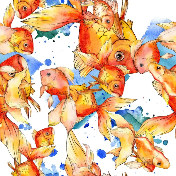 Aquarell aquatische bunte Goldfische mit farbenfrohen abstrakten Illustrationen. nahtlose Hintergrundmuster. Stoff Tapete drucken Textur. — Stockfoto