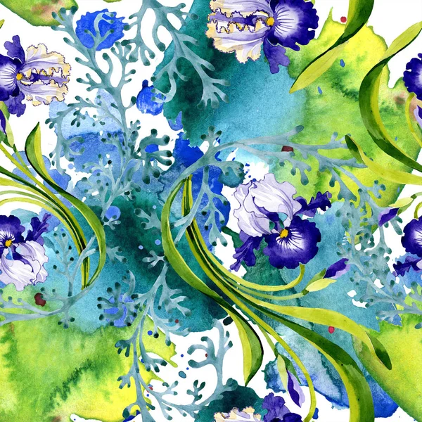 Iris bleu fleur botanique florale. Feuille de printemps sauvage isolée. Ensemble d'illustration aquarelle. Aquarelle dessin mode aquarelle. Modèle de fond sans couture. Texture d'impression papier peint tissu . — Photo de stock