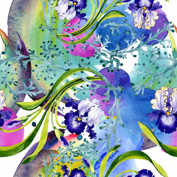 Flor botánica floral de iris azul. Hoja de primavera salvaje aislada. Juego de ilustración en acuarela. Acuarela dibujo moda aquarelle. Patrón de fondo sin costuras. Textura de impresión de papel pintado de tela . - foto de stock