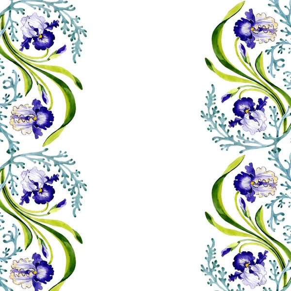 Fiore botanico floreale di iris blu. Fiore selvatico primaverile isolato. Acquerello sfondo illustrazione set. Acquerello disegno moda acquerello. Quadrato ornamento bordo cornice . — Foto stock