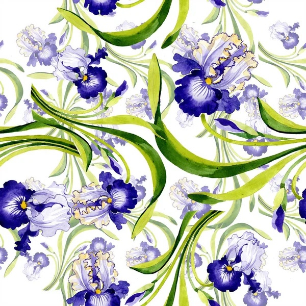 Blue iris floral botanical flower. Wild spring leaf isolated. Watercolor illustration set. Watercolour drawing fashion aquarelle. Seamless background pattern. Fabric wallpaper print texture. — Stock Photo