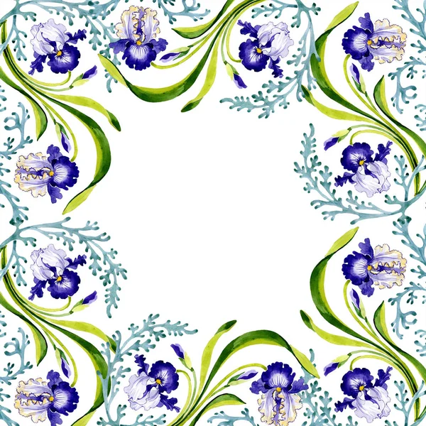 Iris bleu fleur botanique florale. Feuille sauvage de printemps fleur sauvage isolée. Ensemble d'illustration de fond aquarelle. Aquarelle dessin mode aquarelle. Cadre bordure ornement carré . — Photo de stock