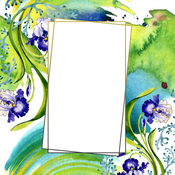 Fiore botanico floreale di iris blu. Fiore selvatico primaverile isolato. Acquerello sfondo illustrazione set. Acquerello disegno moda acquerello. Quadrato ornamento bordo cornice . — Foto stock