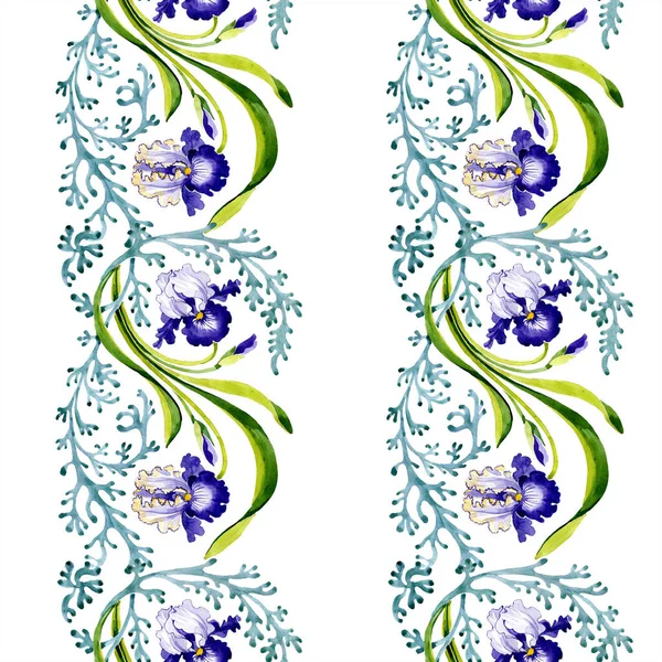 Flor botánica floral de iris azul. Hoja de primavera salvaje aislada. Juego de ilustración en acuarela. Acuarela dibujo moda aquarelle. Patrón de fondo sin costuras. Textura de impresión de papel pintado de tela . - foto de stock