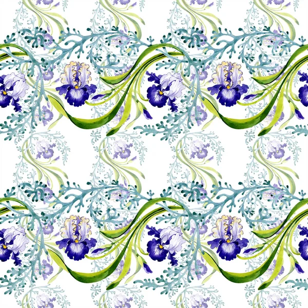 Iris bleu fleur botanique florale. Feuille de printemps sauvage isolée. Ensemble d'illustration aquarelle. Aquarelle dessin mode aquarelle. Modèle de fond sans couture. Texture d'impression papier peint tissu . — Photo de stock