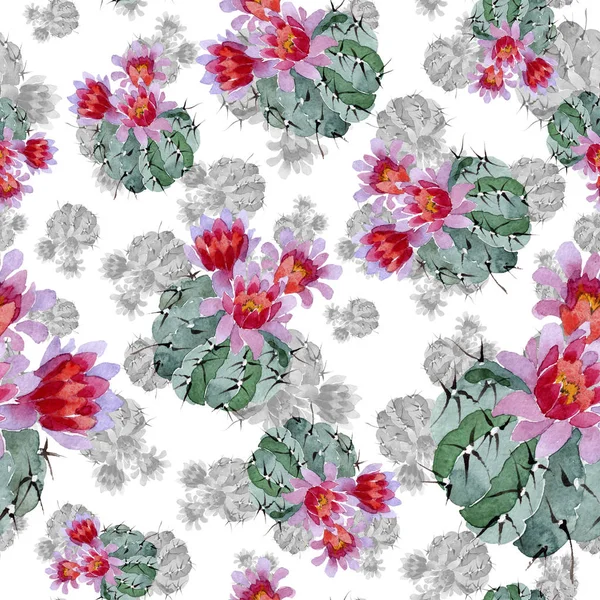 Green and red cacti watercolor illustration set.  Seamless background pattern. Fabric wallpaper print texture. — Stock Photo