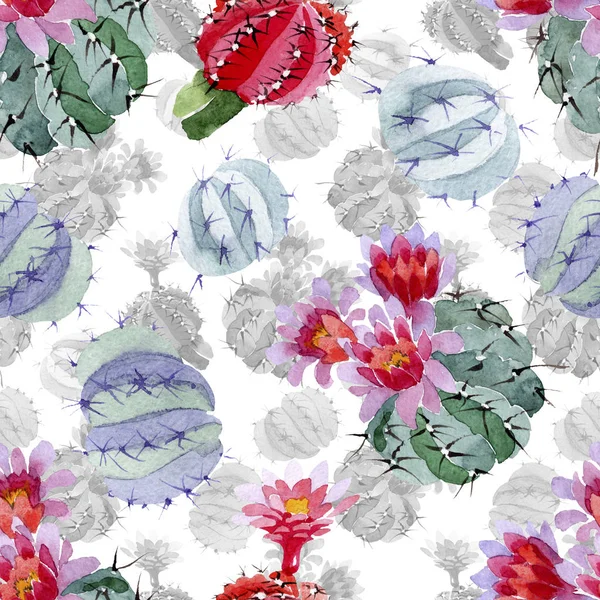 Green and red cacti watercolor illustration set.  Seamless background pattern. Fabric wallpaper print texture. — Stock Photo