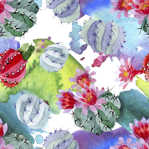 Green and red cacti watercolor illustration set.  Seamless background pattern. Fabric wallpaper print texture. — Stock Photo