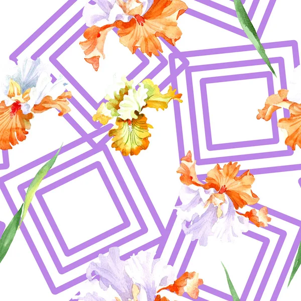 Naranja iris blanco flor botánica floral. Hoja de primavera salvaje aislada. Juego de ilustración en acuarela. Acuarela dibujo moda aquarelle. Patrón de fondo sin costuras. Textura de impresión de papel pintado de tela . - foto de stock