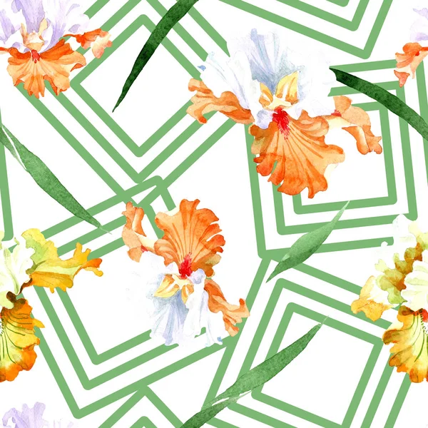 Naranja iris blanco flor botánica floral. Hoja de primavera salvaje aislada. Juego de ilustración en acuarela. Acuarela dibujo moda aquarelle. Patrón de fondo sin costuras. Textura de impresión de papel pintado de tela . - foto de stock