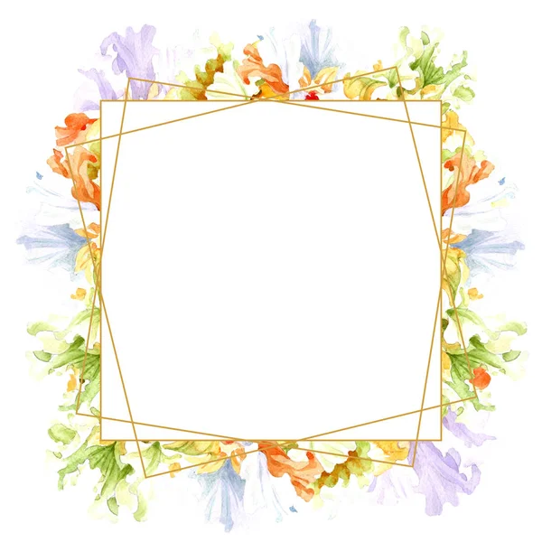 Naranja iris blanco flor botánica floral. Flor silvestre de hoja de primavera aislada. Conjunto de ilustración de fondo acuarela. Acuarela dibujo moda acuarela aislado. Marco borde ornamento cuadrado . - foto de stock