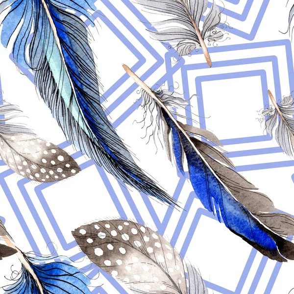 Watercolor blue and black bird feather from wing. Aquarelle feather for background, texture, wrapper pattern. Watercolour drawing fashion seamless background pattern. Fabric wallpaper print texture. — Stock Photo