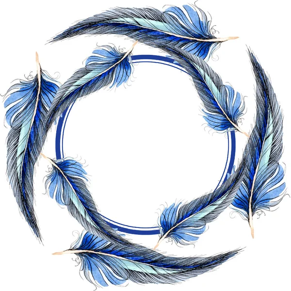 Piuma di uccello acquerello blu e nero dall'ala isolata. Piuma di acquarello per sfondo, cornice o bordo. Acquerello disegno moda acquerello isolato. Quadrato ornamento bordo cornice . — Foto stock