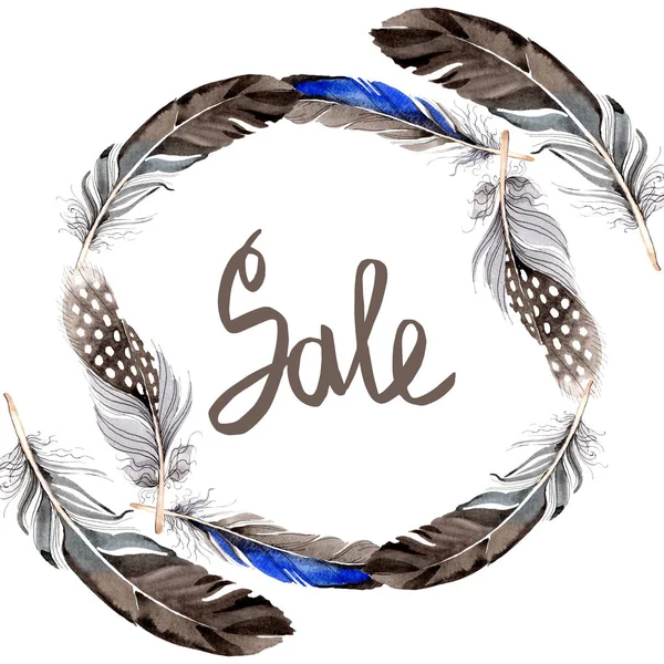 Watercolor blue and black bird feather from wing isolated. Aquarelle feather for background, frame or border. Watercolour drawing fashion aquarelle isolated. Frame border ornament square. — Stock Photo
