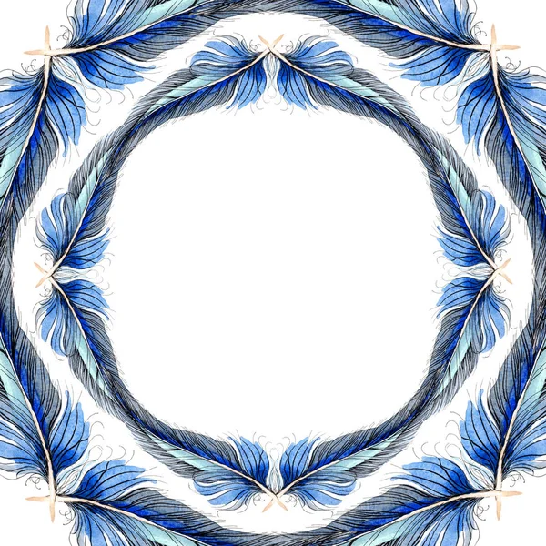 Acuarela pluma de pájaro azul y negro de ala aislada. Pluma Aquarelle para fondo, marco o borde. Acuarela dibujo moda acuarela aislado. Marco borde ornamento cuadrado . - foto de stock