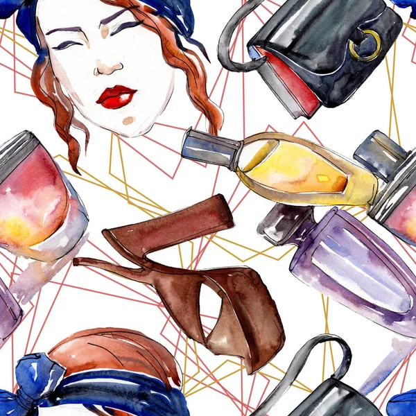 Fashionable sketch fashion glamour illustration in a watercolor style element. Clothes accessories set trendy vogue outfit. Watercolour set seamless background pattern. Fabric wallpaper print texture. — Stock Photo