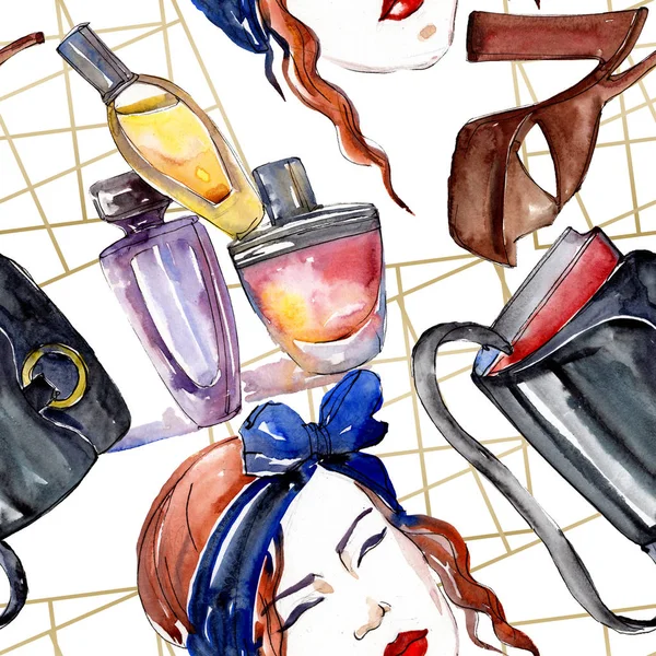 Fashionable sketch fashion glamour illustration in a watercolor style element. Clothes accessories set trendy vogue outfit. Watercolour set seamless background pattern. Fabric wallpaper print texture. — Stock Photo