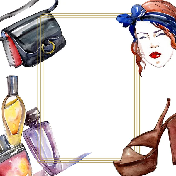 Modische Skizze in einem Aquarell-Stil isoliertes Element. Kleidung Accessoires setzen trendige Mode Outfit. Aquarell hinterlegte Illustrationen. Rahmen Rand Ornament Quadrat. — Stockfoto