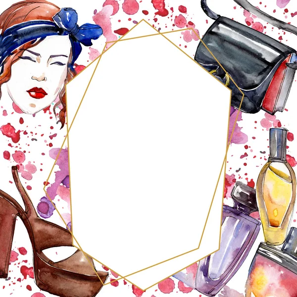 Croquis à la mode dans un élément isolé de style aquarelle. Vêtements accessoires ensemble tenue vogue à la mode. Ensemble d'illustration de fond aquarelle. Cadre bordure ornement carré . — Photo de stock