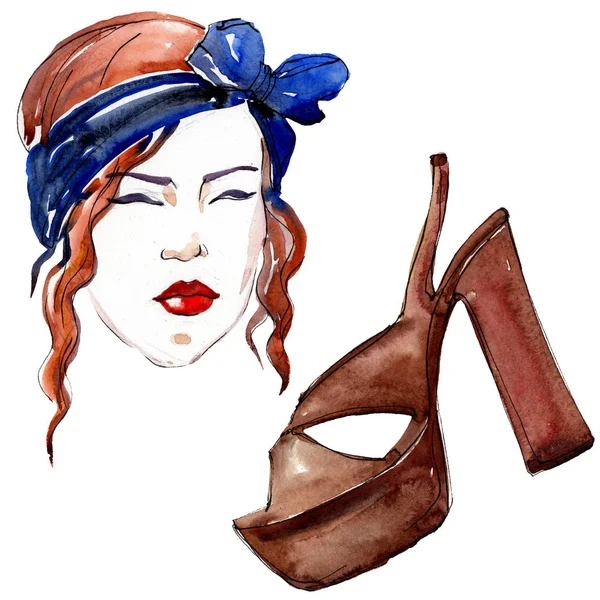 Esquisse de fille et de chaussure illustration glamour de mode dans un élément isolé de style aquarelle. Vêtements accessoires ensemble tenue vogue à la mode. Ensemble d'illustration de fond aquarelle . — Photo de stock