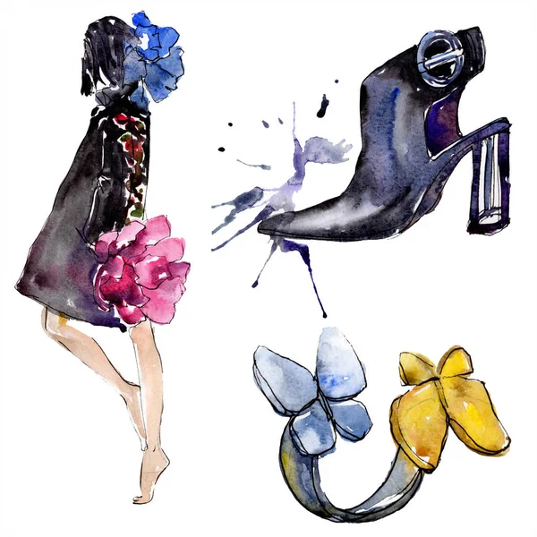 Esquisse femme, bague et chaussure illustration glamour de mode dans un élément isolé de style aquarelle. Vêtements accessoires ensemble tenue vogue à la mode. Ensemble d'illustration de fond aquarelle . — Photo de stock