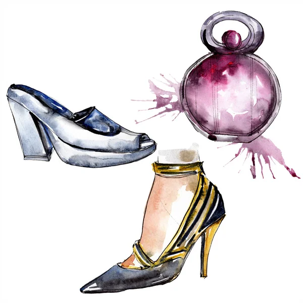 Sapatos e desenho de perfume ilustração glamour moda em um elemento isolado estilo aquarela. Acessórios de roupas definir roupa moda moda moda. Conjunto de ilustração de fundo aquarela . — Fotografia de Stock