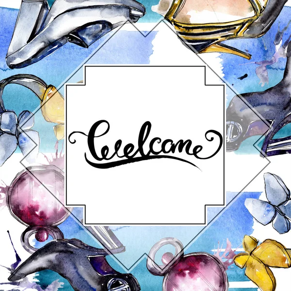 Fashionable sketch in a watercolor style isolated element. Clothes accessories set trendy vogue outfit. Watercolour background illustration set. Frame border ornament square. — Stock Photo